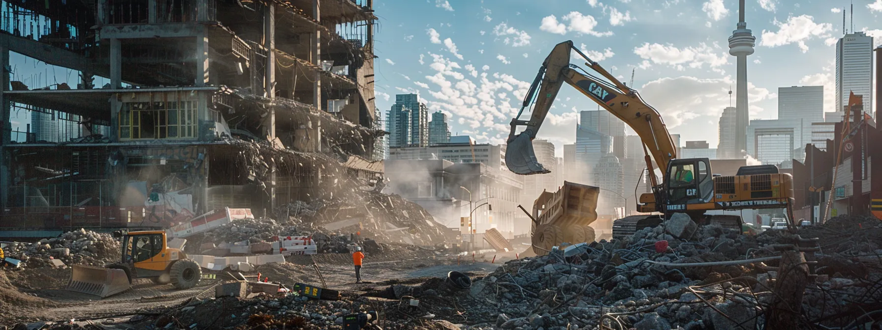 a bustling urban demolition site showcases heavy machinery skillfully dismantling a large commercial building, with construction workers coordinating efforts amidst a backdrop of towering city skyline. a bustling urban demolition site showcases heavy machinery skillfully dismantling a large commercial building, with construction workers coordinating efforts amidst a backdrop of towering city skyline.