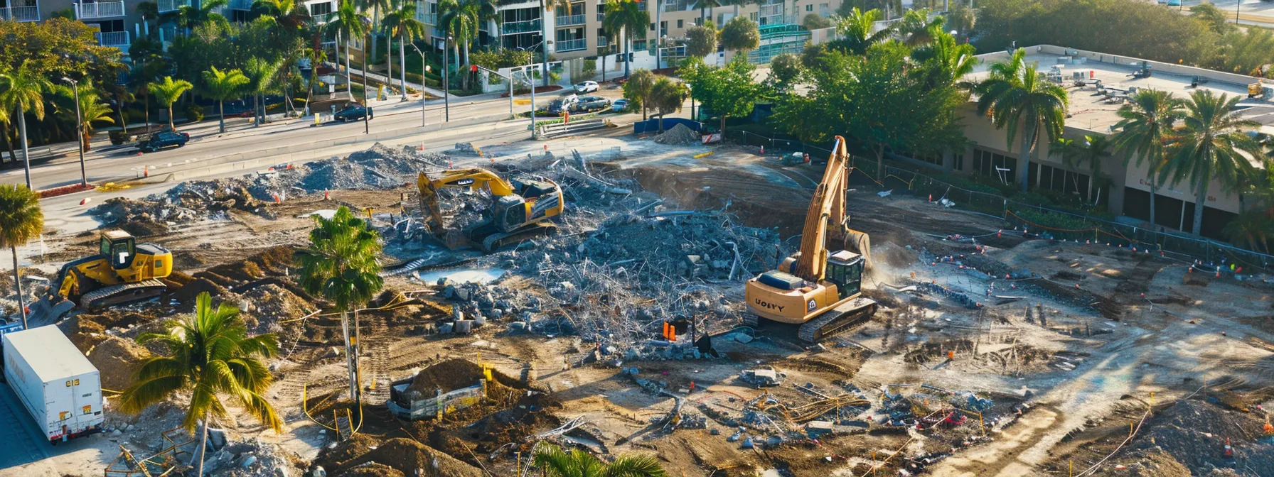 a dramatic scene captures a powerful demolition site in davie, showcasing heavy machinery tearing down a commercial building amidst a backdrop of urban structures and construction debris, reflecting the complexity of contractor services and costs involved in demolition projects.