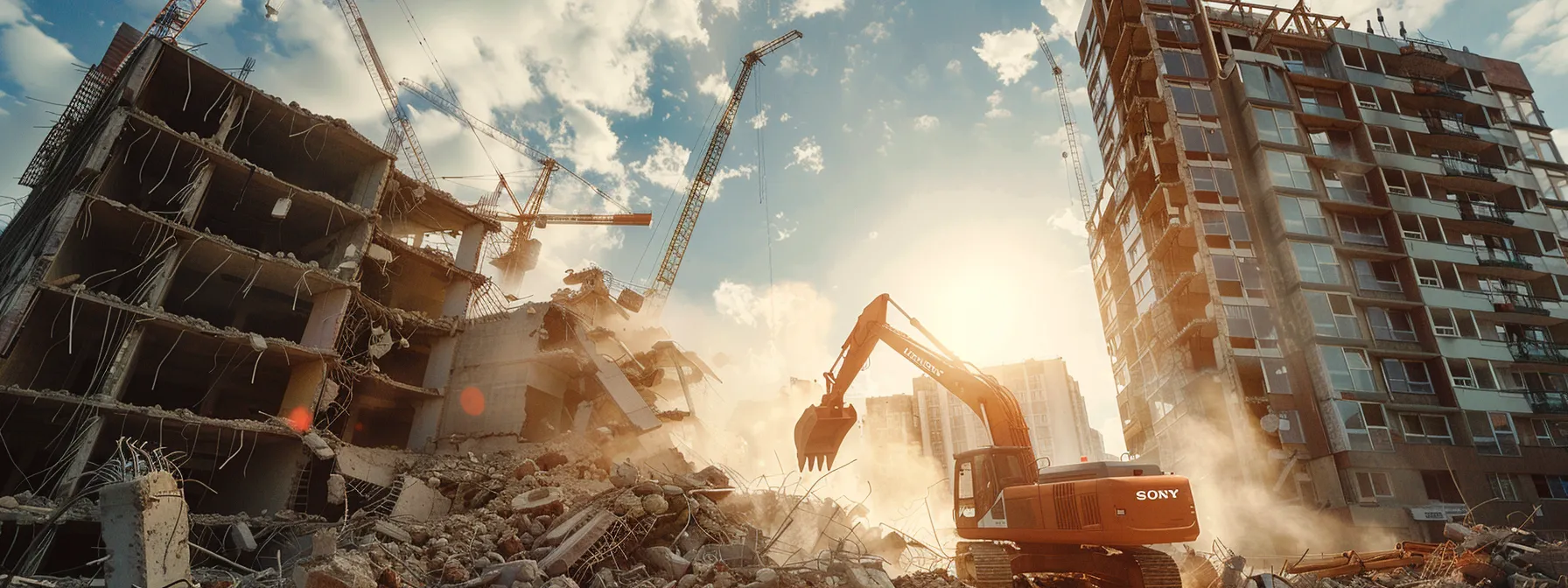 a dramatic urban demolition scene captures a towering building being dismantled, with cranes and heavy machinery actively tearing through concrete, emphasizing the importance of cost transparency and meticulous project management in the demolition industry. a dramatic urban demolition scene captures a towering building being dismantled, with cranes and heavy machinery actively tearing through concrete, emphasizing the importance of cost transparency and meticulous project management in the demolition industry.