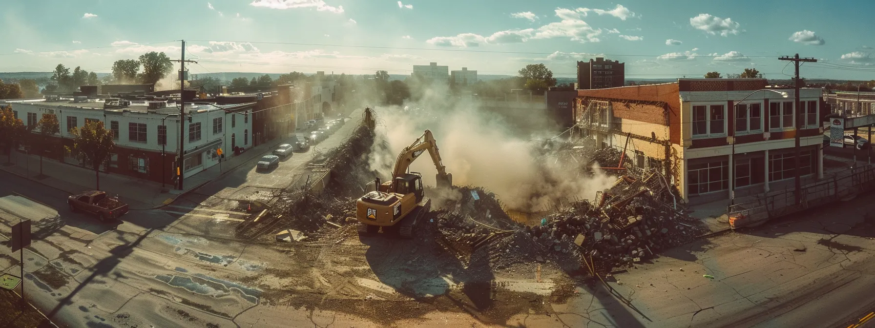 a dynamic demolition site showcases a powerful excavator labeled 'miller & myers' strategically tearing down a commercial structure, emphasizing the importance of budget management and efficiency in professional services. a dynamic demolition site showcases a powerful excavator labeled 'miller & myers' strategically tearing down a commercial structure, emphasizing the importance of budget management and efficiency in professional services.