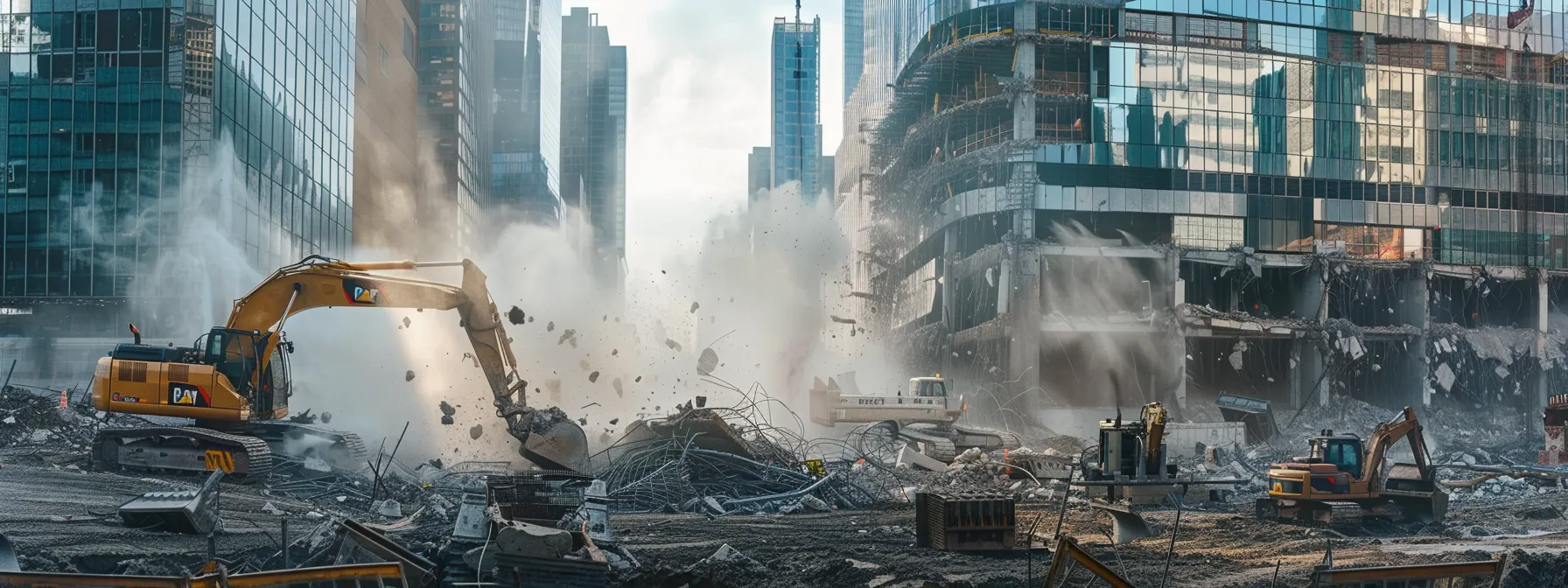 a dynamic urban construction site showcases the precision of selective demolition, featuring heavy machinery actively dismantling a concrete structure against a backdrop of modern city buildings.
