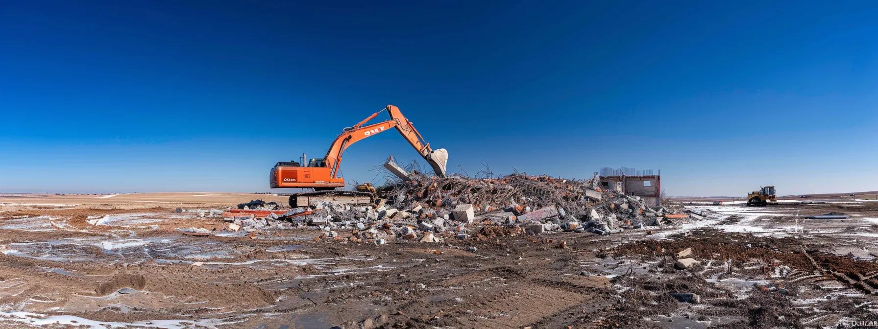 a dynamic urban demolition site showcases heavy machinery in action, with debris scattering amidst the skeletal remains of a building, under a clear blue sky emphasizing the robust nature of the construction process.