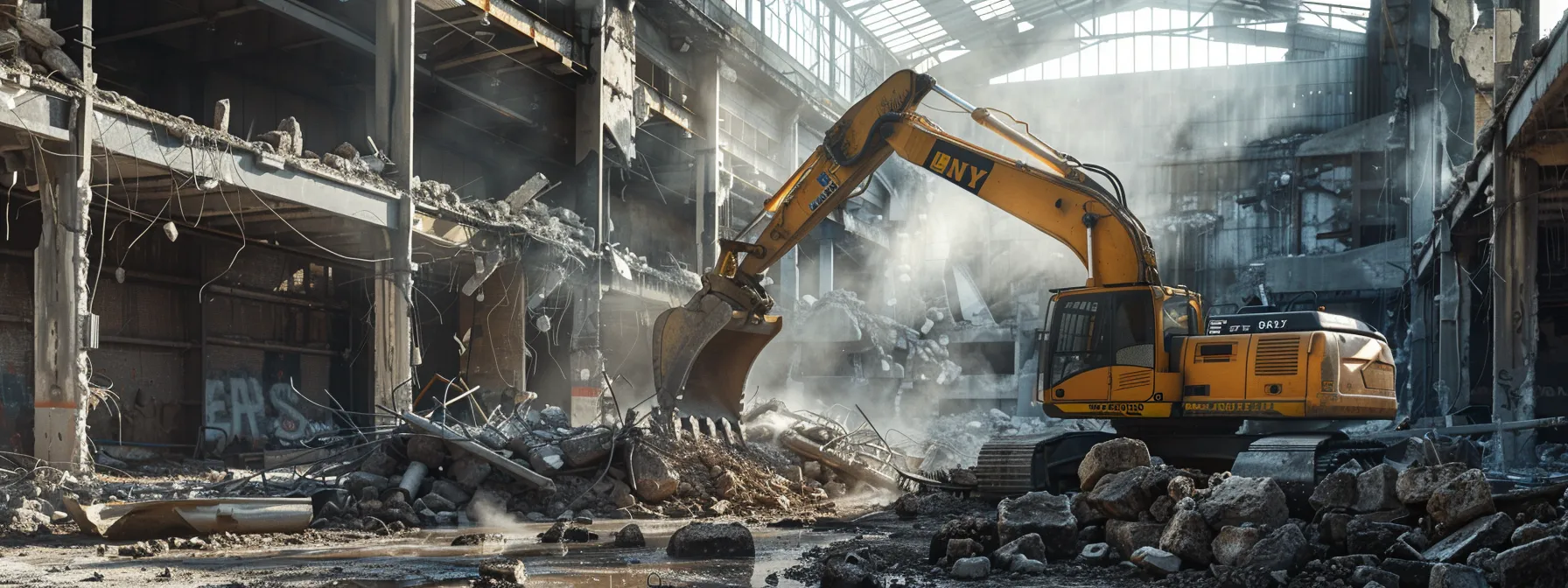 a dynamic urban demolition scene captures advanced machinery in action, showcasing high-tech equipment like a robotic excavator and digital mapping displays, enveloped in a controlled work environment that emphasizes precision and safety amidst the dismantling of a large building. a dynamic urban demolition scene captures advanced machinery in action, showcasing high-tech equipment like a robotic excavator and digital mapping displays, enveloped in a controlled work environment that emphasizes precision and safety amidst the dismantling of a large building.