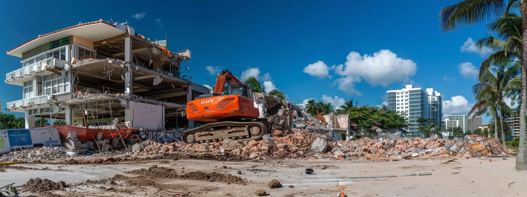 a dynamic urban demolition scene in miami showcases a heavy machinery operator methodically executing selective demolition on a residential structure, with partially dismantled walls revealing the inner framework, under a clear blue sky. a dynamic urban demolition scene in miami showcases a heavy machinery operator methodically executing selective demolition on a residential structure, with partially dismantled walls revealing the inner framework, under a clear blue sky.