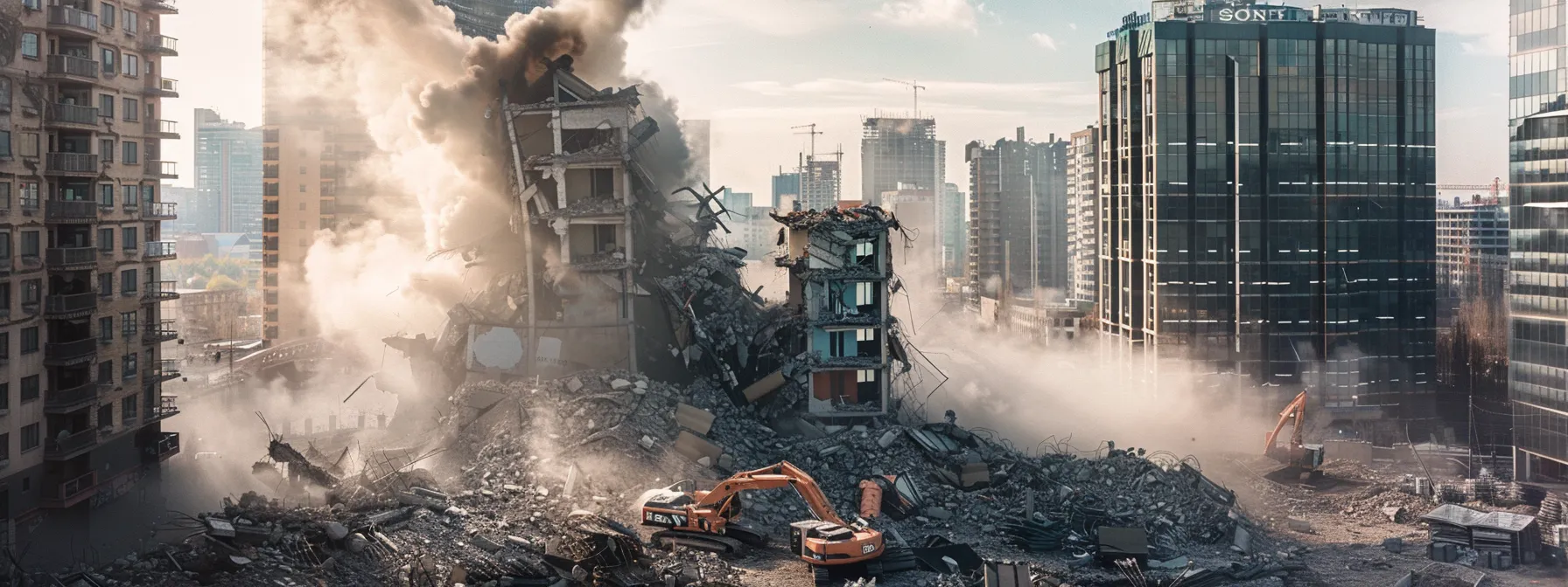 a dynamic urban demolition scene captures a towering building being efficiently dismantled by heavy machinery, with a focus on safety features and advanced equipment prominently displayed against a stark city skyline. a dynamic urban demolition scene captures a towering building being efficiently dismantled by heavy machinery, with a focus on safety features and advanced equipment prominently displayed against a stark city skyline.