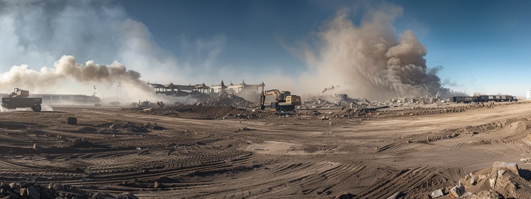 a dynamic urban demolition site showcases heavy machinery actively dismantling a large concrete structure, with dust clouds rising and construction debris scattered across the ground, emphasizing the scale and complexity of the project. a dynamic urban demolition site showcases heavy machinery actively dismantling a large concrete structure, with dust clouds rising and construction debris scattered across the ground, emphasizing the scale and complexity of the project.