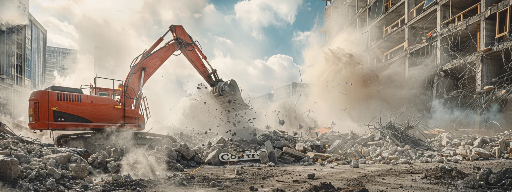 a dynamic urban demolition site showcases heavy machinery in action, with billowing dust clouds and shattered concrete, vividly illustrating the efficiency and power of reliable commercial demolition companies.