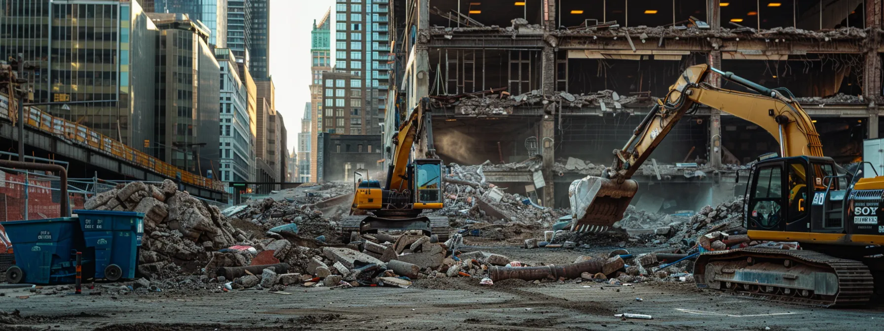 a dynamic urban demolition site showcases heavy machinery methodically dismantling a building while strategically placed recycling bins highlight a commitment to environmental responsibility amidst a backdrop of modern city architecture. a dynamic urban demolition site showcases heavy machinery methodically dismantling a building while strategically placed recycling bins highlight a commitment to environmental responsibility amidst a backdrop of modern city architecture.