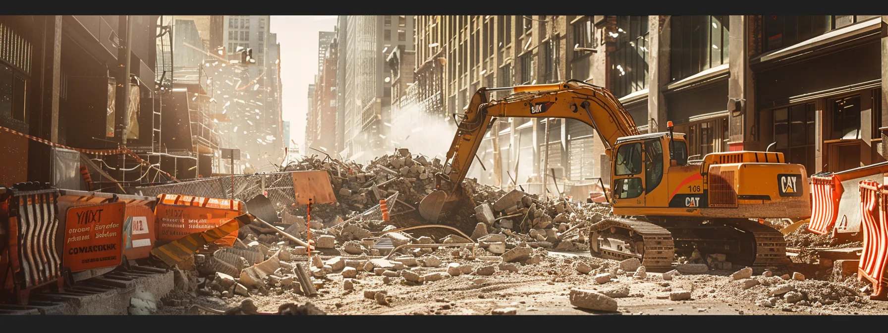 a dynamic urban demolition site showcases heavy machinery in action, surrounded by safety barriers and construction signage, highlighting the expertise and professionalism of commercial demolition experts at work. a dynamic urban demolition site showcases heavy machinery in action, surrounded by safety barriers and construction signage, highlighting the expertise and professionalism of commercial demolition experts at work.