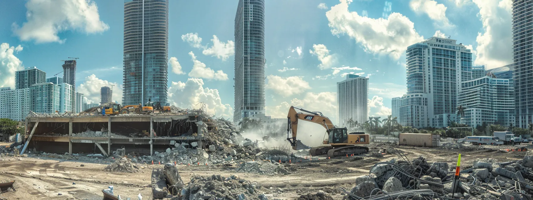 a dynamic urban demolition site in miami, showcasing towering machinery actively breaking down a residential structure, surrounded by organized debris piles, with workers coordinating the operation in a bustling city backdrop. a dynamic urban demolition site in miami, showcasing towering machinery actively breaking down a residential structure, surrounded by organized debris piles, with workers coordinating the operation in a bustling city backdrop.