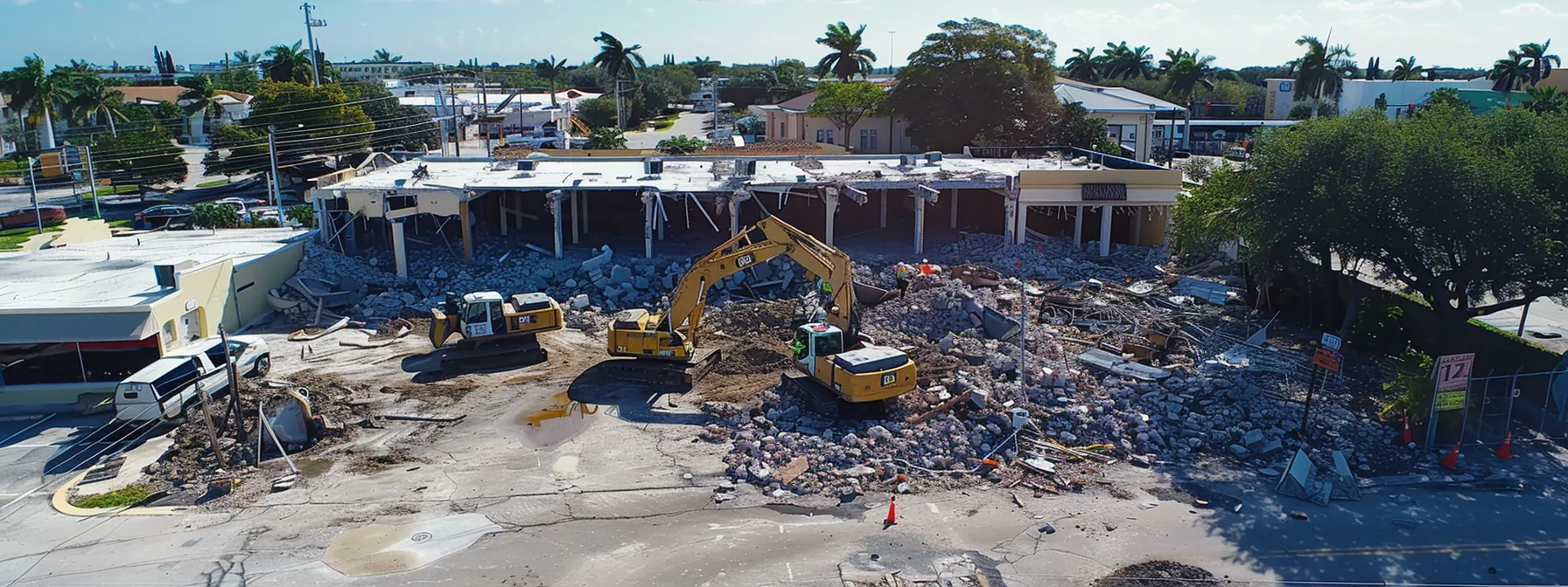 a dynamic urban demolition site in davie showcases licensed experts carefully dismantling a complex commercial structure, surrounded by safety equipment and clear signage, emphasizing professionalism and adherence to local regulations.