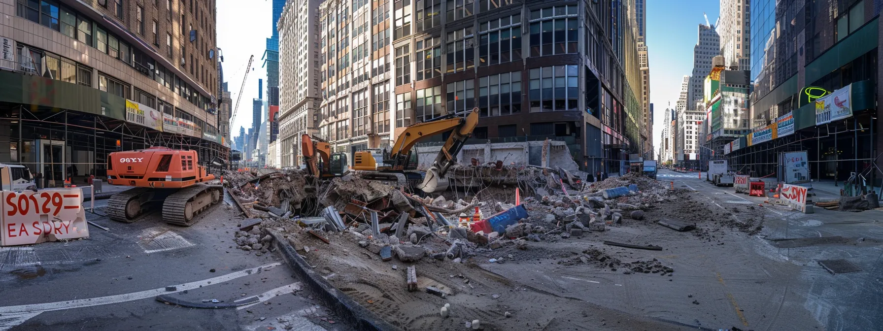 a dynamic urban demolition site showcases heavy machinery skillfully dismantling a substantial building, surrounded by safety barriers and clearly marked signage, embodying professionalism and responsible construction practices. a dynamic urban demolition site showcases heavy machinery skillfully dismantling a substantial building, surrounded by safety barriers and clearly marked signage, embodying professionalism and responsible construction practices.