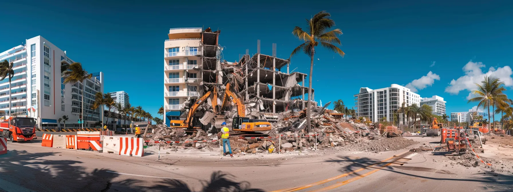 a dynamic urban demolition site in davie, showcasing heavy machinery tearing down a prominent building, surrounded by safety barriers and construction workers in reflective vests, under a clear blue sky.