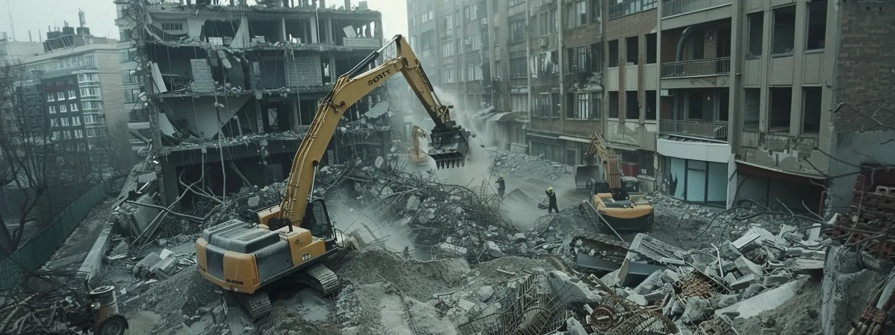 a dynamic urban demolition site showcases heavy machinery at work, with workers coordinating amidst the stark remnants of a building, emphasizing the importance of clear communication and realistic planning in commercial demolition projects. a dynamic urban demolition site showcases heavy machinery at work, with workers coordinating amidst the stark remnants of a building, emphasizing the importance of clear communication and realistic planning in commercial demolition projects.