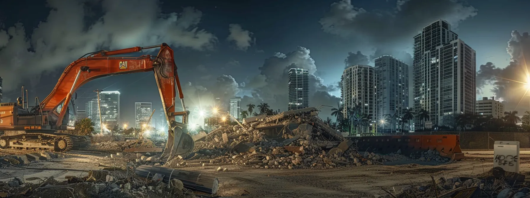 a dynamic urban scene capturing a residential demolition in progress, showcasing a massive excavator tearing down a building with scattered debris and construction barriers, illuminated by bright worksite lights against the backdrop of miami's skyline, emphasizing the meticulous process of obtaining accurate estimates and breaking down costs. a dynamic urban scene capturing a residential demolition in progress, showcasing a massive excavator tearing down a building with scattered debris and construction barriers, illuminated by bright worksite lights against the backdrop of miami's skyline, emphasizing the meticulous process of obtaining accurate estimates and breaking down costs.