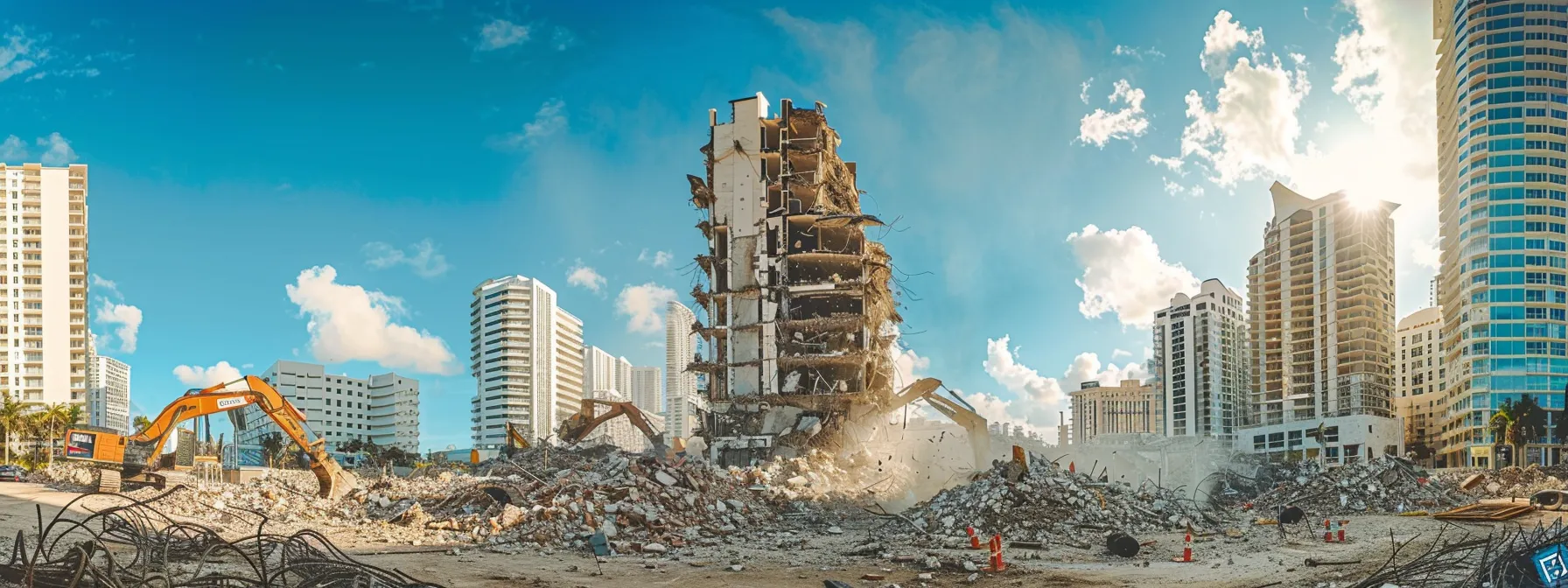 a dynamic urban scene capturing a residential building mid-demolition in miami, with heavy machinery tearing through the structure amidst a backdrop of surrounding city architecture and a clear blue sky.