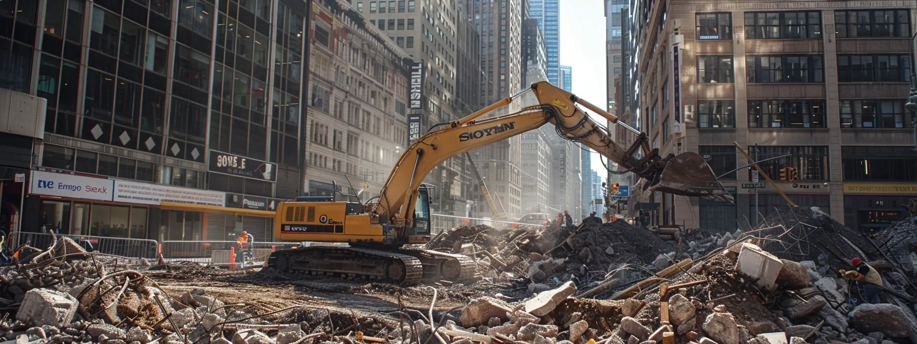 a powerful excavator labeled with miller & myers efficiently dismantles a section of a commercial building amidst a bustling urban environment, showcasing the swift progress of a demolition project. a powerful excavator labeled with miller & myers efficiently dismantles a section of a commercial building amidst a bustling urban environment, showcasing the swift progress of a demolition project.