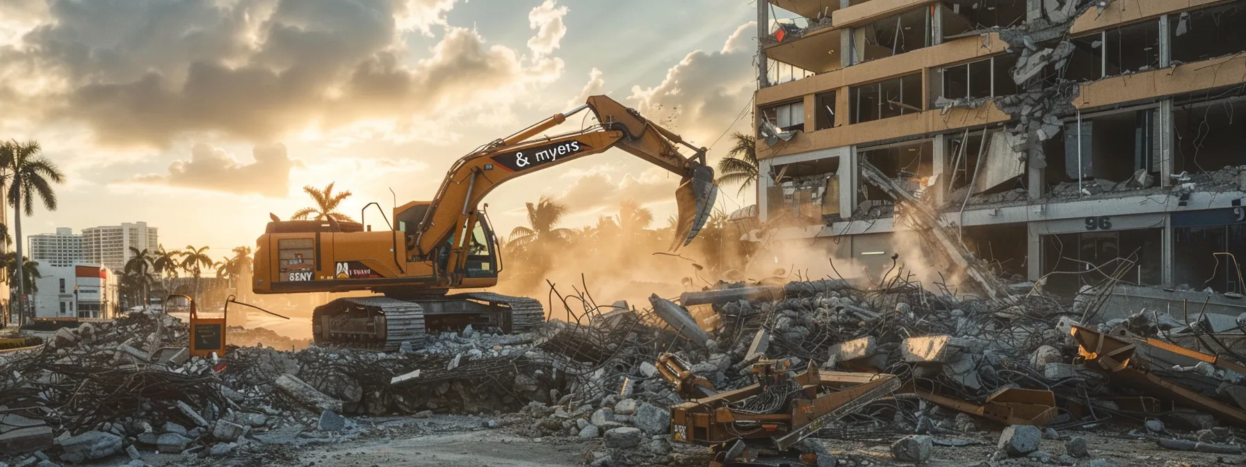 a powerful scene of an excavator labeled "miller & myers" actively demolishing a commercial building in a bustling fort lauderdale urban environment, surrounded by construction debris and machinery under dramatic afternoon light.