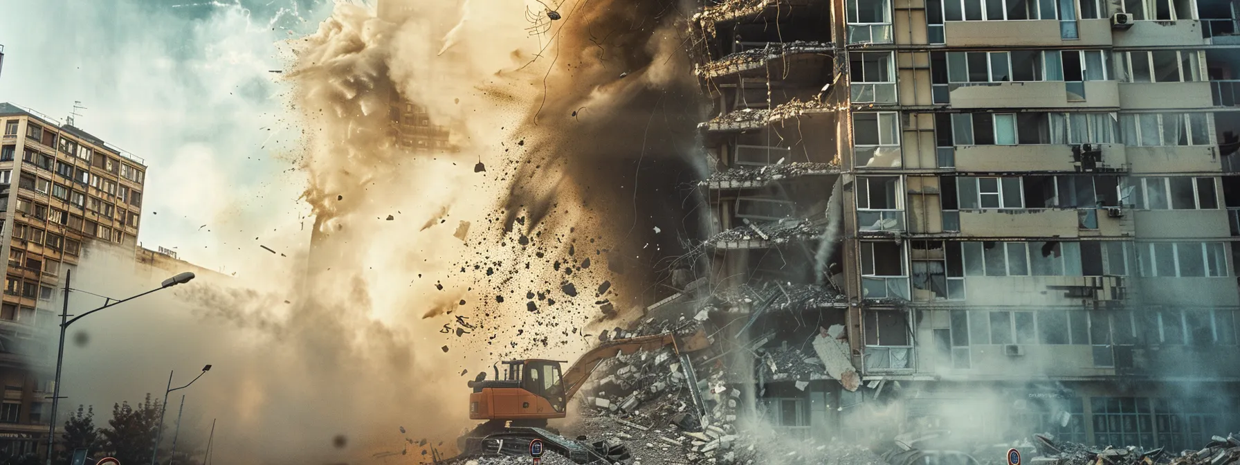 an imposing high-rise building is being carefully dismantled by heavy machinery, with debris cascading down in a controlled demolition, showcasing the complexities and challenges of urban redevelopment. an imposing high-rise building is being carefully dismantled by heavy machinery, with debris cascading down in a controlled demolition, showcasing the complexities and challenges of urban redevelopment.