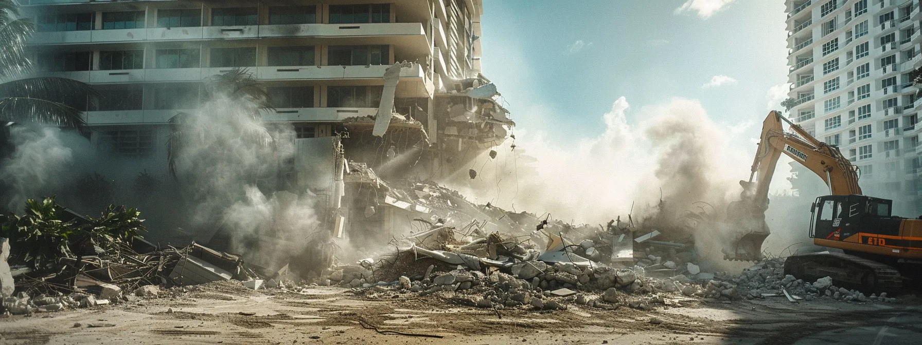 an intense demolition scene in miami showcases a large residential building being carefully dismantled by heavy machinery, with debris being cleared away, highlighting the efficient and professional execution of affordable demolition services.