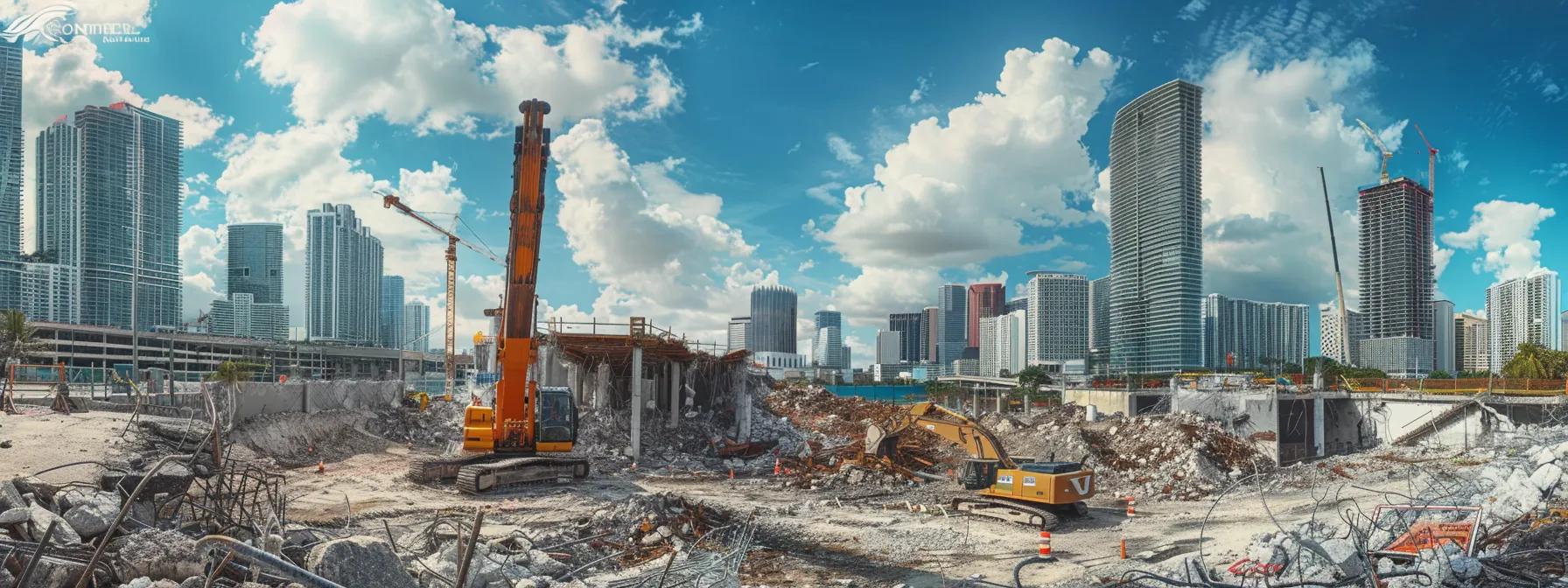 a dynamic urban construction site in miami, showcasing a towering demolition crane in action against a vibrant city skyline, with contractors discussing strategic plans in sharp business attire, conveying a sense of expertise and professionalism in commercial demolition. a dynamic urban construction site in miami, showcasing a towering demolition crane in action against a vibrant city skyline, with contractors discussing strategic plans in sharp business attire, conveying a sense of expertise and professionalism in commercial demolition.