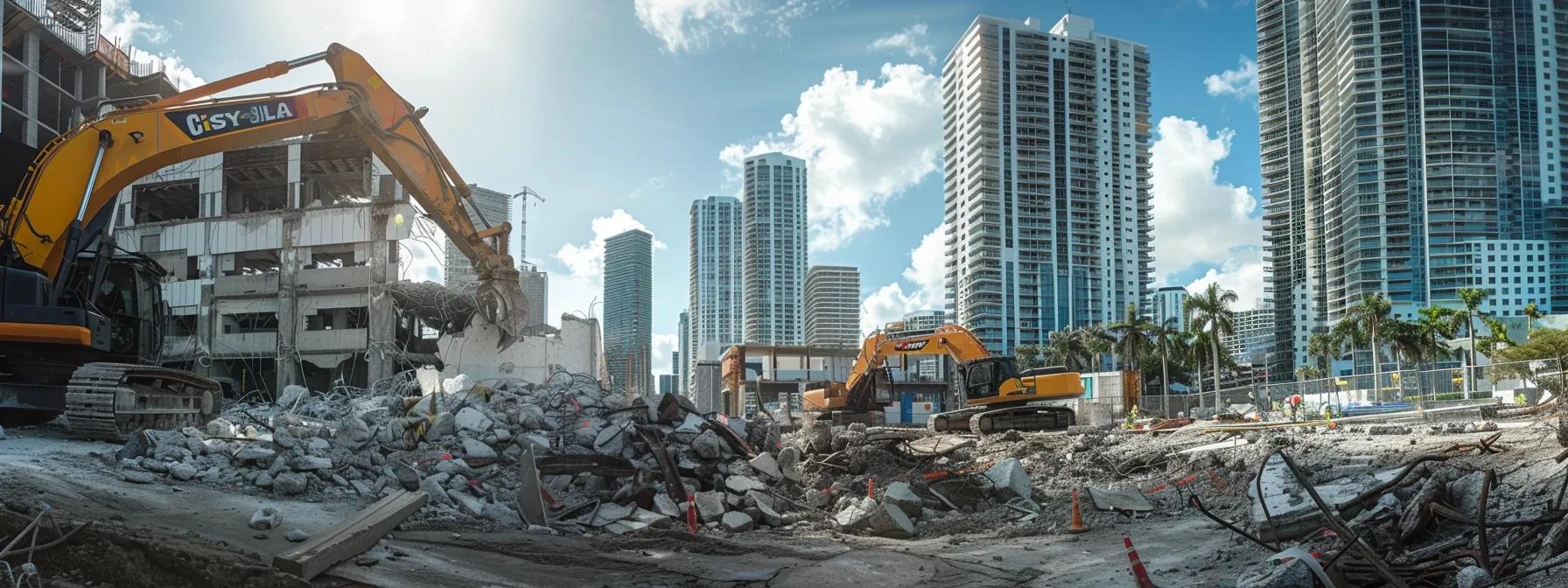 a dynamic urban construction site in miami, showcasing skilled demolition contractors expertly dismantling a large concrete structure amidst a backdrop of modern skyscrapers and heavy machinery, capturing the essence of commercial demolition in action.