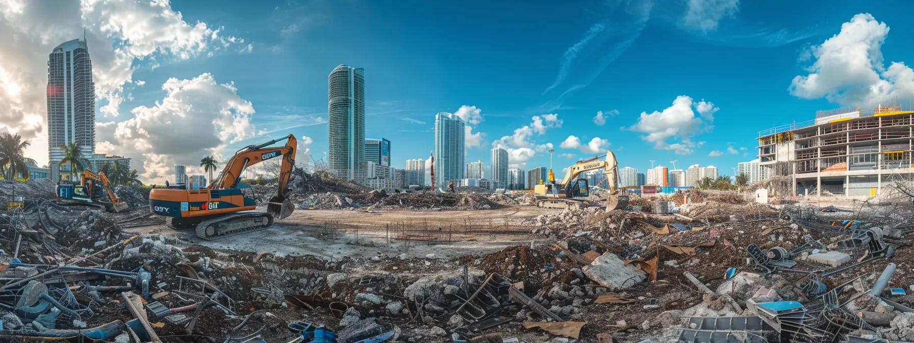 a dynamic urban construction site in davie, showcasing heavy machinery and workers engaged in an intense demolition project, with towering structures in the background and debris scattered across the ground.