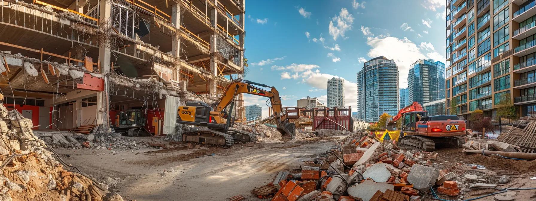 a dynamic urban construction site captures a skilled demolition contractor overseeing a complex project, surrounded by heavy machinery and partially dismantled buildings, embodying expertise and precision in action.