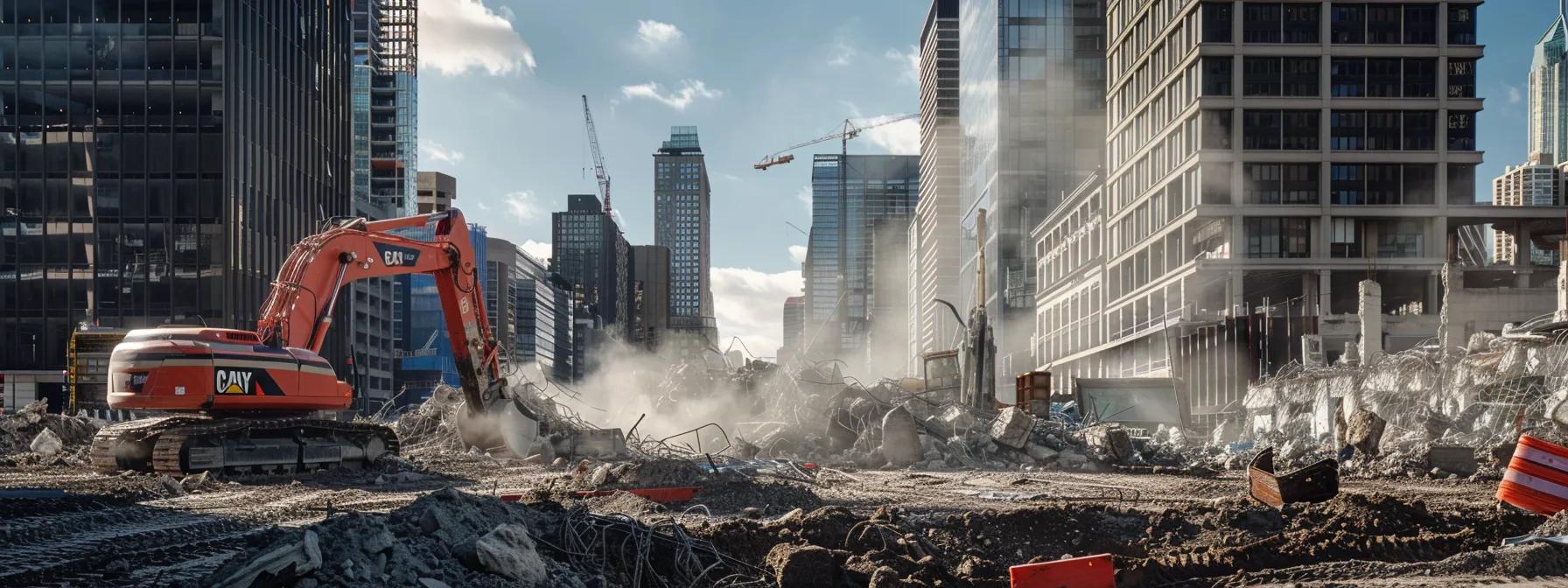 a dynamic urban construction site showcases skilled demolition contractors expertly managing heavy machinery, with towering buildings in the background emphasizing the scale and reliability of their work.