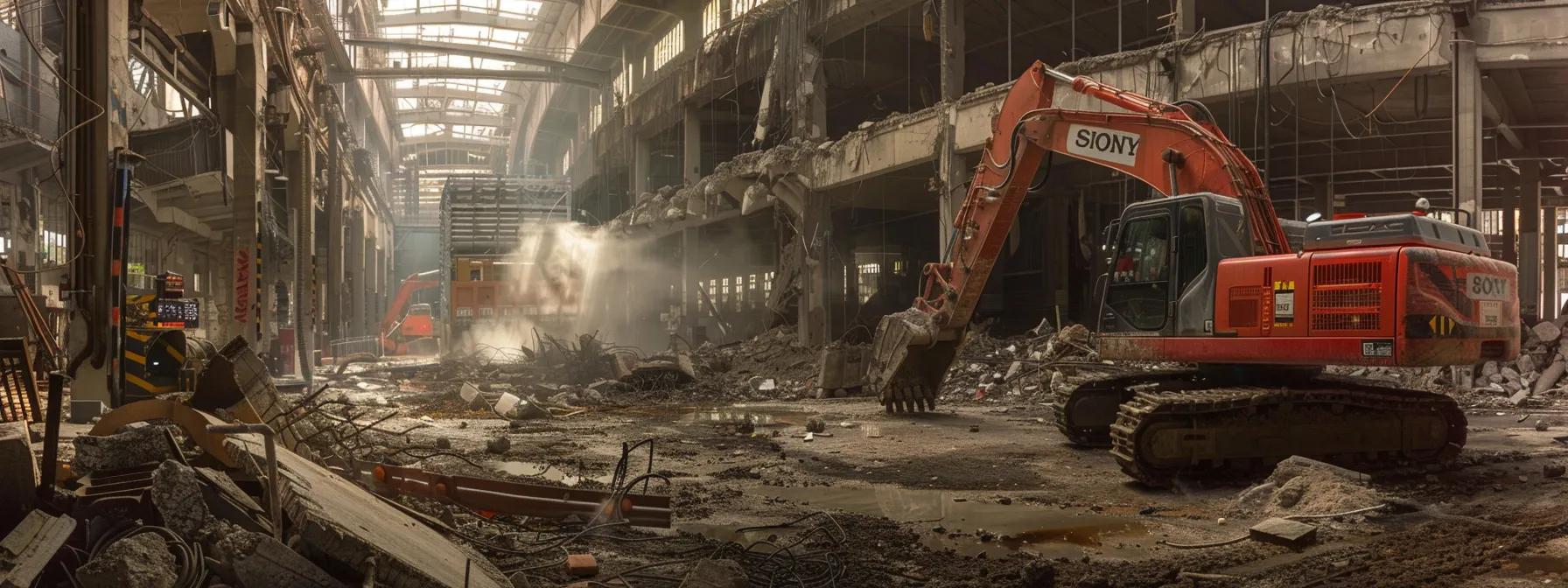 a dynamic urban demolition site showcases a skilled team in hard hats and safety gear, expertly navigating complex machinery to dismantle an old building, with clear safety signage prominently displayed in the background. a dynamic urban demolition site showcases a skilled team in hard hats and safety gear, expertly navigating complex machinery to dismantle an old building, with clear safety signage prominently displayed in the background.