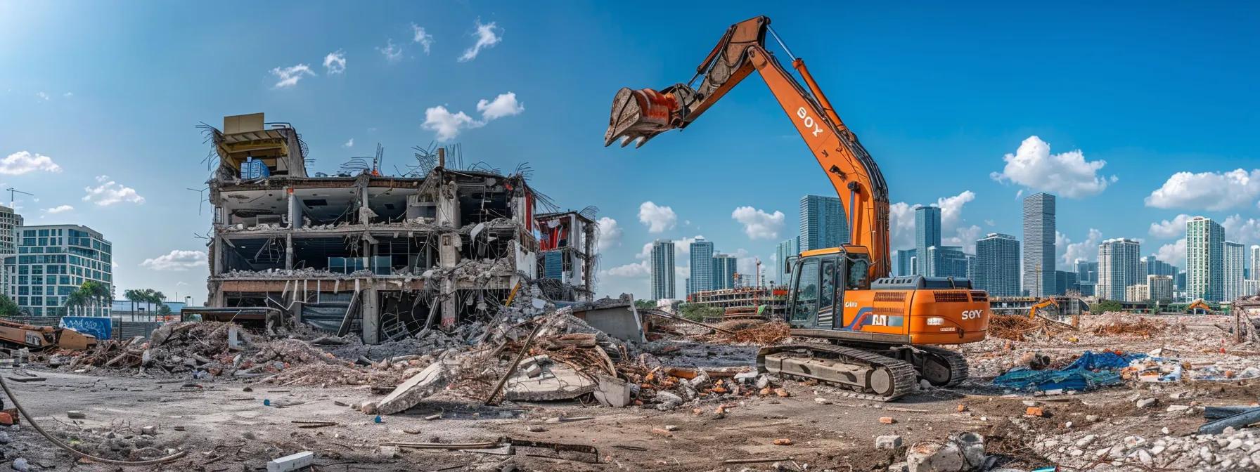 a dynamic urban demolition site in davie showcases heavy machinery expertly dismantling a commercial building, emphasized by a backdrop of bustling city life and a clear blue sky. a dynamic urban demolition site in davie showcases heavy machinery expertly dismantling a commercial building, emphasized by a backdrop of bustling city life and a clear blue sky.