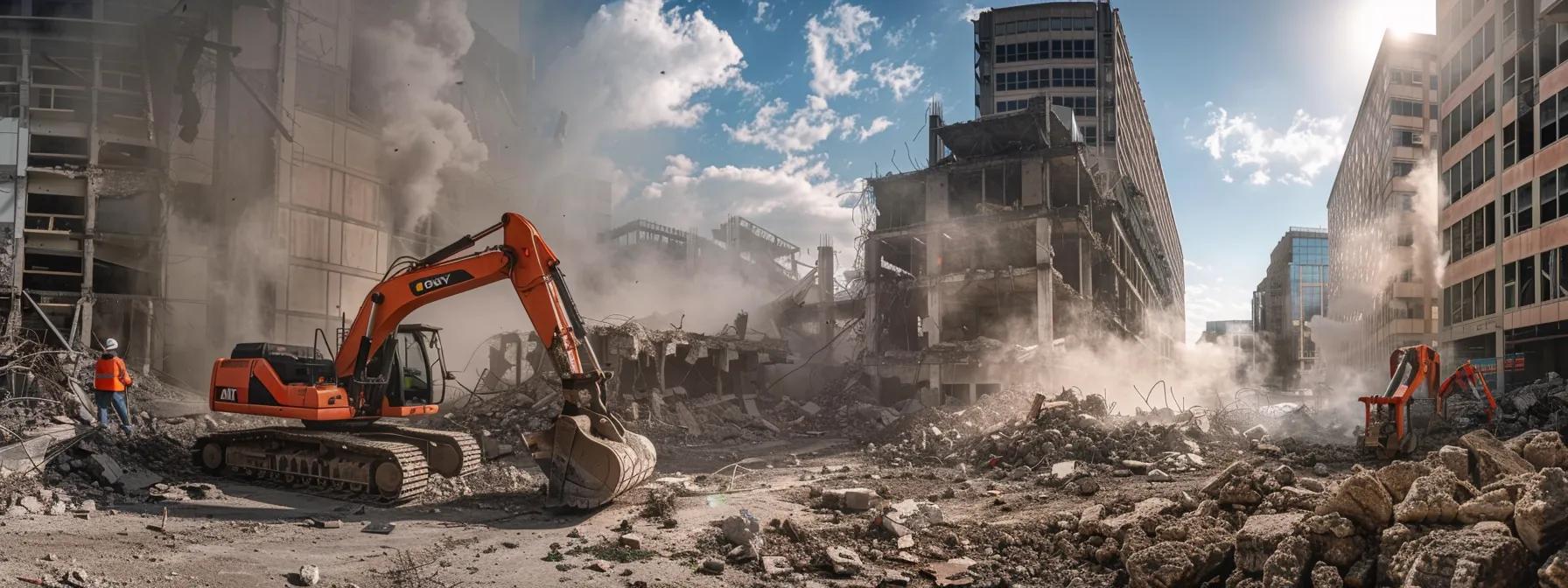 a dynamic urban demolition site in cooper city, showcasing heavy machinery and professional workers efficiently dismantling a building amidst a backdrop of towering city structures, emphasizing the expertise and precision required for such projects.