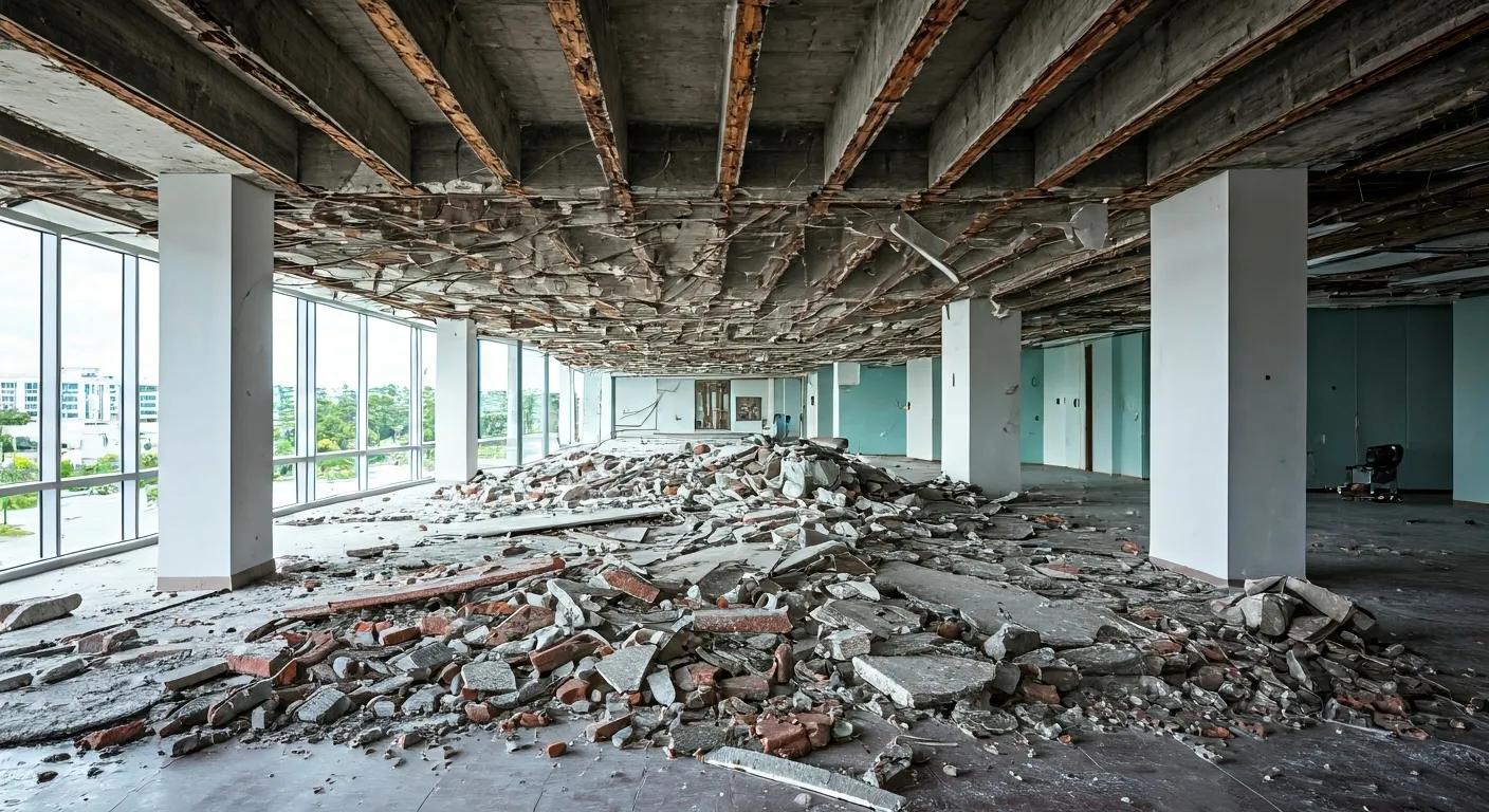 a modern miami office space being meticulously dismantled, showcasing carefully sorted debris and tools arranged around a professional demolition team in action, emphasizing the precision and systematic approach to interior demolition. a modern miami office space being meticulously dismantled, showcasing carefully sorted debris and tools arranged around a professional demolition team in action, emphasizing the precision and systematic approach to interior demolition.