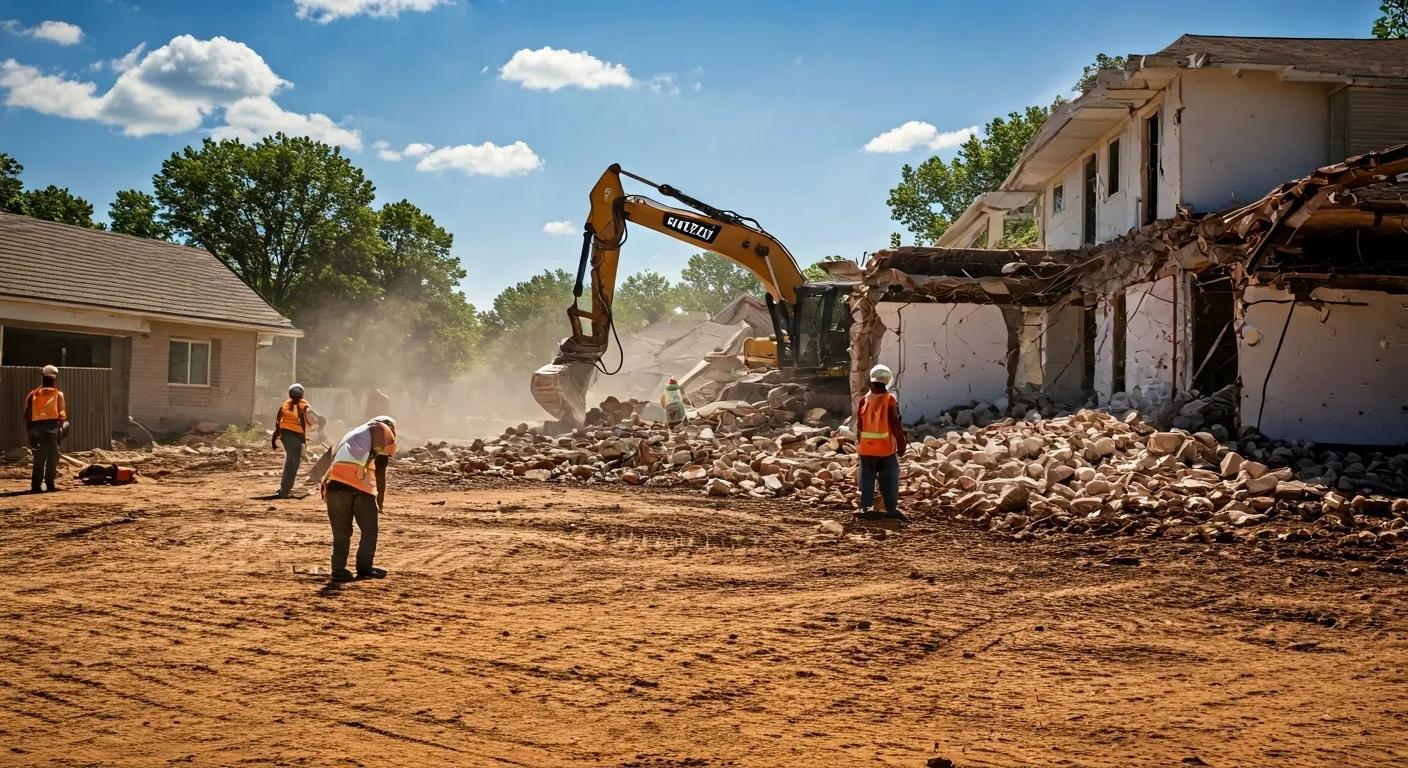 a dynamic construction site showcases a team of professionals operating high-tech machinery amid the controlled chaos of residential demolition, highlighting the meticulous planning and precision required for a safe and efficient project. a dynamic construction site showcases a team of professionals operating high-tech machinery amid the controlled chaos of residential demolition, highlighting the meticulous planning and precision required for a safe and efficient project.