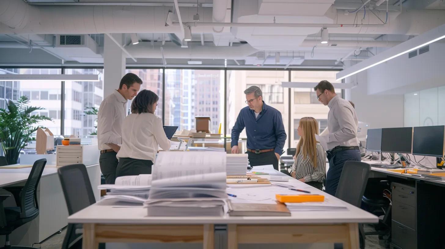 a bustling miami office scene captures a focused team diligently reviewing demolition permit documents, surrounded by blueprints and regulatory guidelines that illustrate the complexities of compliance and cost management. a bustling miami office scene captures a focused team diligently reviewing demolition permit documents, surrounded by blueprints and regulatory guidelines that illustrate the complexities of compliance and cost management.