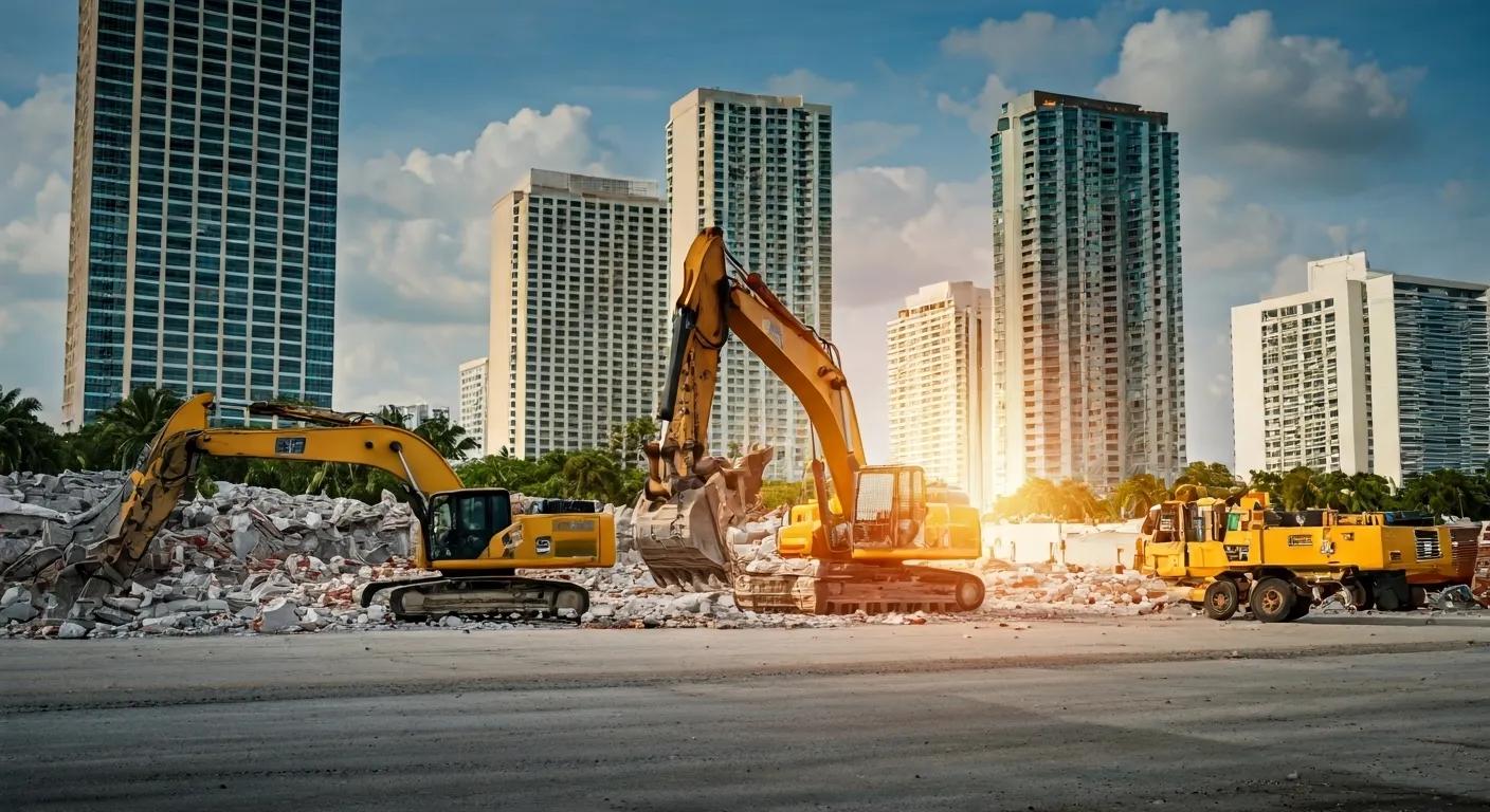a busy urban demolition site showcases heavy machinery in action, with workers meticulously reviewing blueprints and permits, highlighting the organized management of regulations amidst the backdrop of fort lauderdale's skyline. a busy urban demolition site showcases heavy machinery in action, with workers meticulously reviewing blueprints and permits, highlighting the organized management of regulations amidst the backdrop of fort lauderdale's skyline.