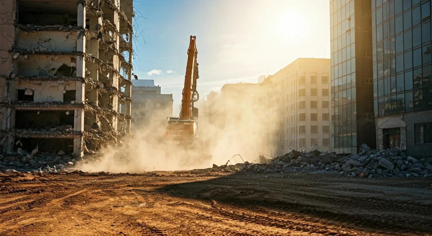 a dynamic urban demolition site showcases heavy machinery in action, with a focus on dust and debris swirling as a building is taken down, emphasizing the precision and speed of efficient demolition work. a dynamic urban demolition site showcases heavy machinery in action, with a focus on dust and debris swirling as a building is taken down, emphasizing the precision and speed of efficient demolition work.