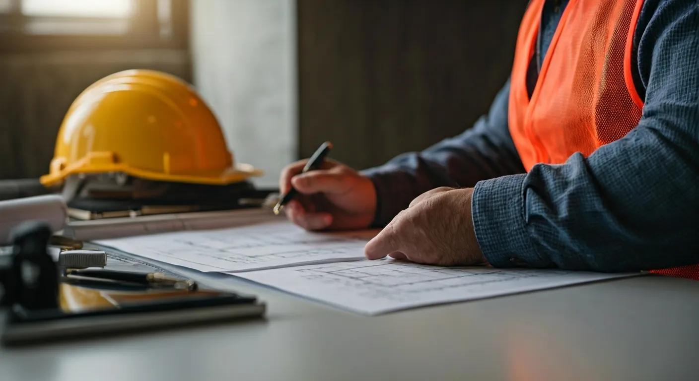 a focused view of a professional demolition expert reviewing blueprints and permits in a sleek, modern office filled with construction plans and compliance documents, conveying the importance of regulatory navigation for safe demolition projects. a focused view of a professional demolition expert reviewing blueprints and permits in a sleek, modern office filled with construction plans and compliance documents, conveying the importance of regulatory navigation for safe demolition projects.