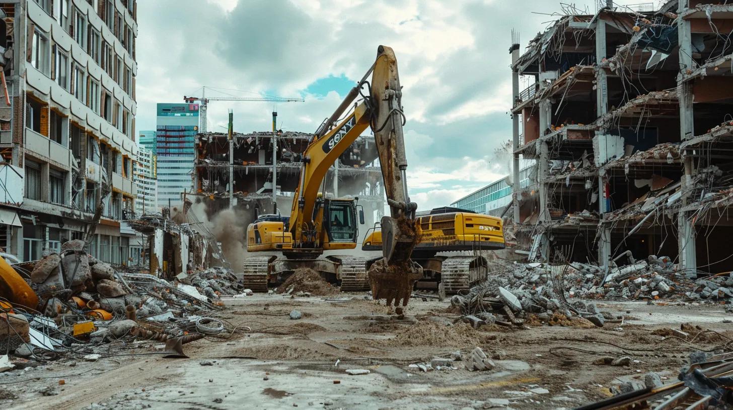 a dynamic urban demolition site in fort lauderdale, showcasing a powerful excavator in action against a backdrop of partially dismantled buildings, highlighting the efficiency and affordability of professional demolition services.