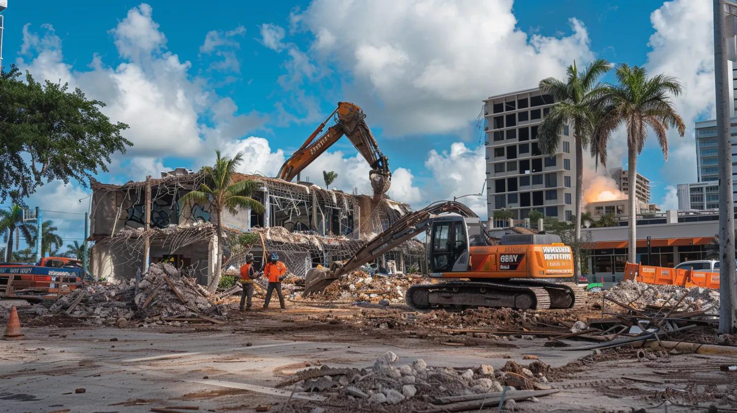 a dynamic urban demolition site in fort lauderdale showcases powerful machinery dismantling a building, with workers in hard hats coordinating amidst debris, emphasizing the precision and expertise in affordable demolition services. a dynamic urban demolition site in fort lauderdale showcases powerful machinery dismantling a building, with workers in hard hats coordinating amidst debris, emphasizing the precision and expertise in affordable demolition services.