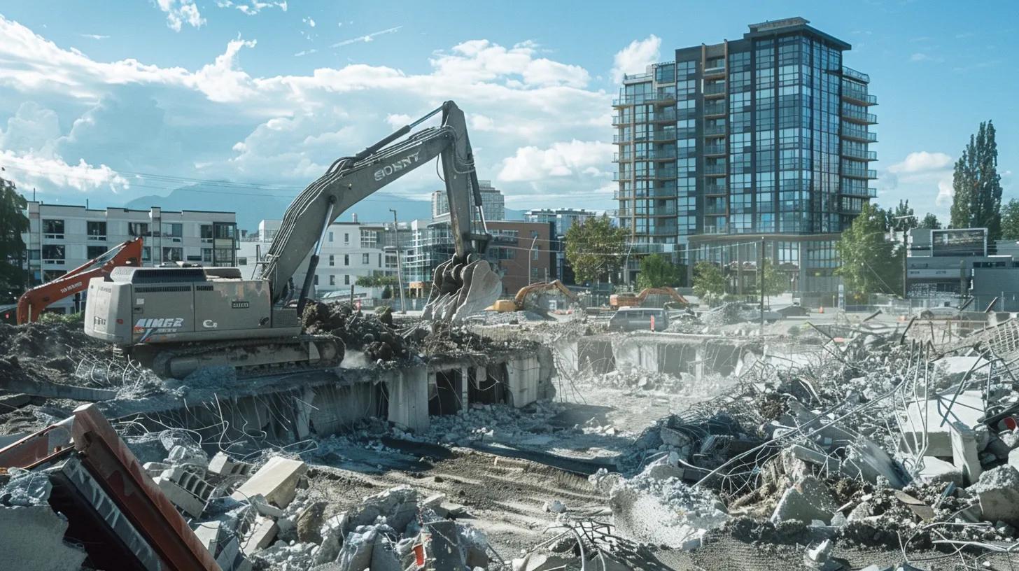 a powerful urban scene showcasing a heavy demolition machine efficiently tearing down a residential building amidst a bustling construction zone, emphasizing strength and reliability in demolition services.