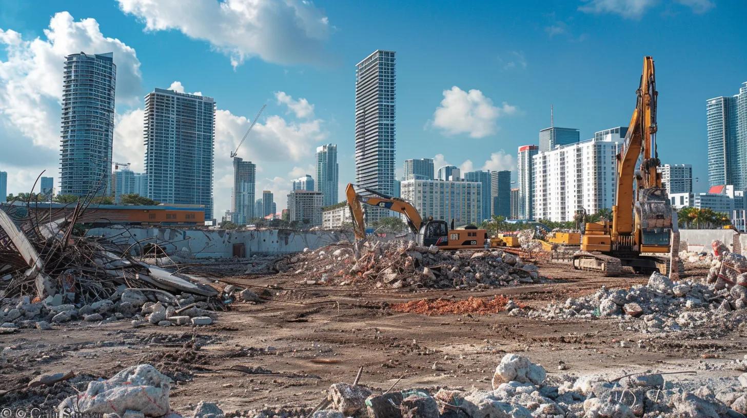 a dynamic urban construction site in miami, showcasing heavy machinery and equipment actively engaged in demolition, with striking city skyline in the background and clear blue skies overhead.