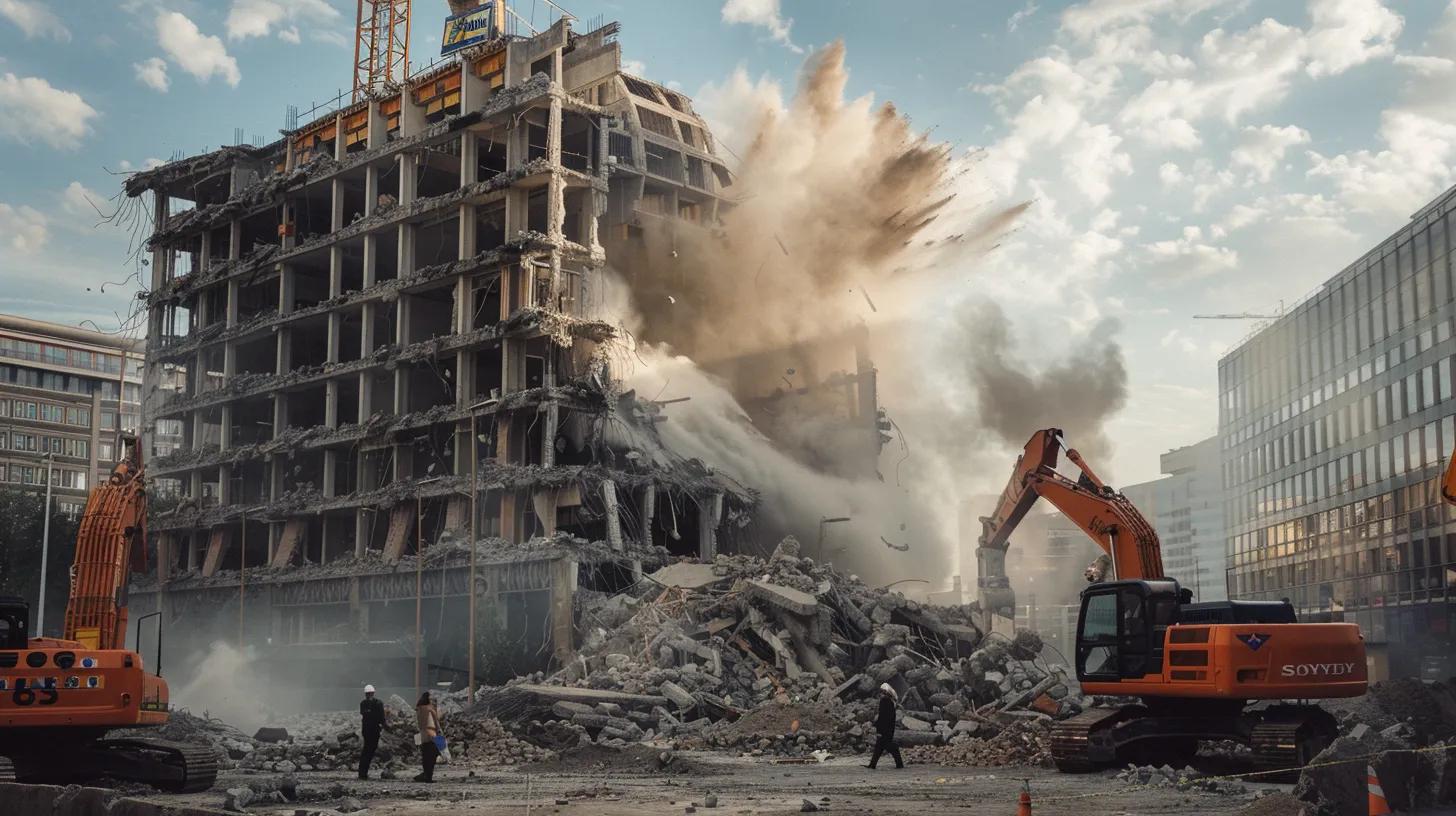 a dynamic urban demolition site showcases skilled professionals in hard hats overseeing the controlled collapse of a structurally unsound building, with towering cranes and dust clouds emphasizing the expertise and precision of the residential demolition process.
