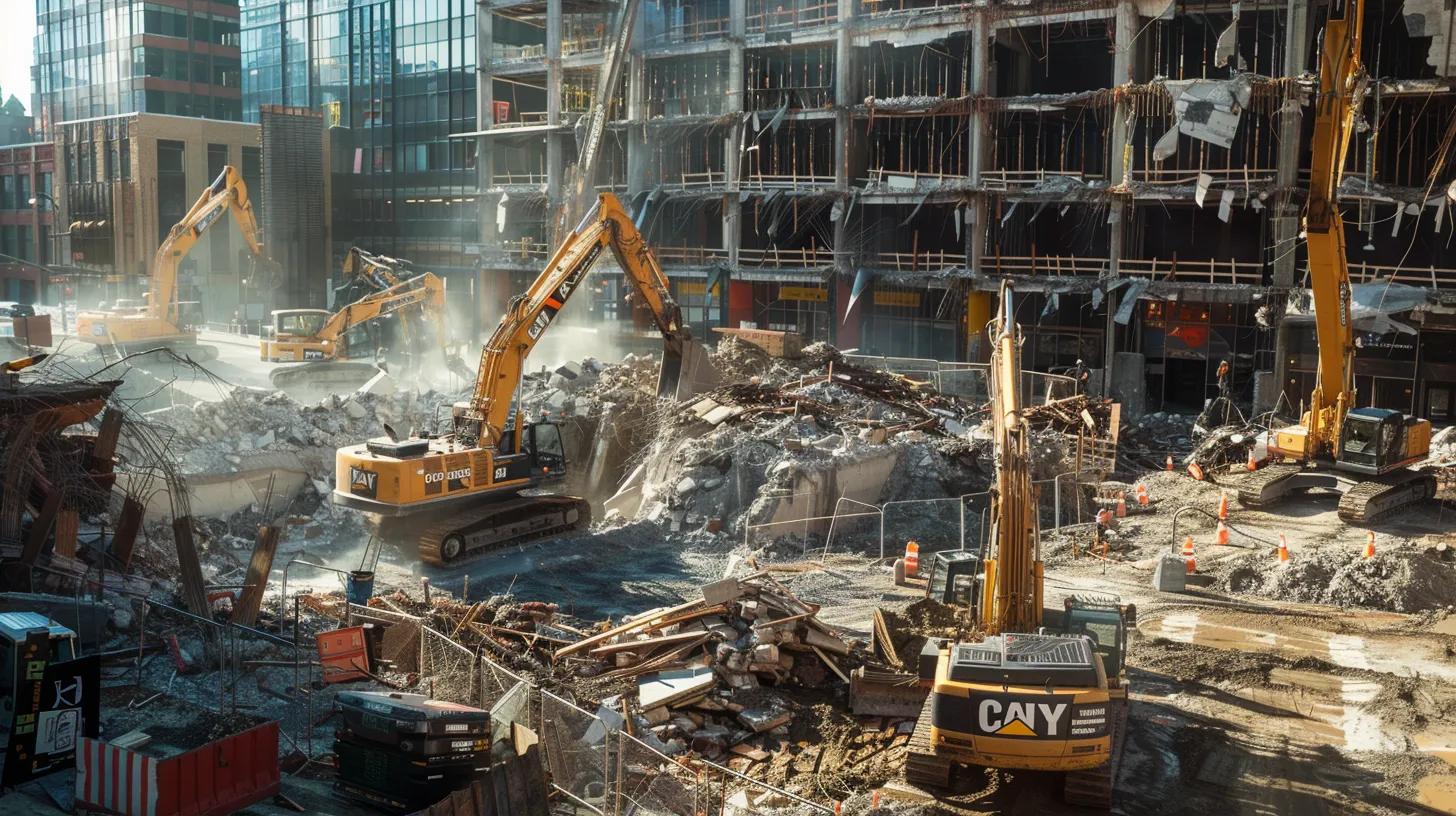 a bustling urban construction site showcases a team of demolition contractors expertly coordinating the removal of a residential structure, surrounded by a variety of heavy machinery and clear signage indicating compliance with safety regulations and permits. a bustling urban construction site showcases a team of demolition contractors expertly coordinating the removal of a residential structure, surrounded by a variety of heavy machinery and clear signage indicating compliance with safety regulations and permits.