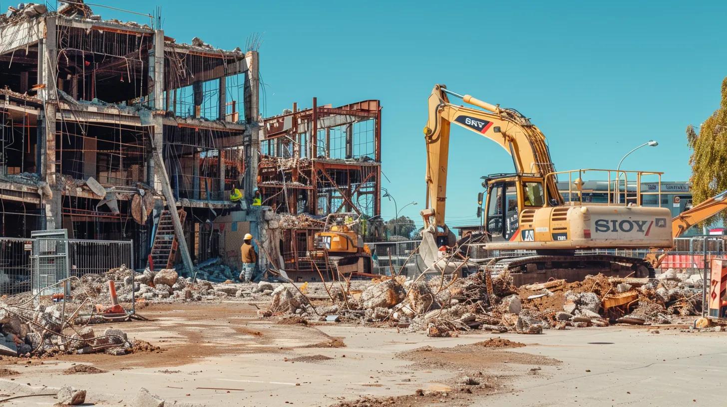 a highly detailed urban demolition site showcases expert technicians in safety gear meticulously overseeing the controlled destruction of a residential structure, with scaffolding and heavy machinery prominently displayed against a clear blue sky. a highly detailed urban demolition site showcases expert technicians in safety gear meticulously overseeing the controlled destruction of a residential structure, with scaffolding and heavy machinery prominently displayed against a clear blue sky.