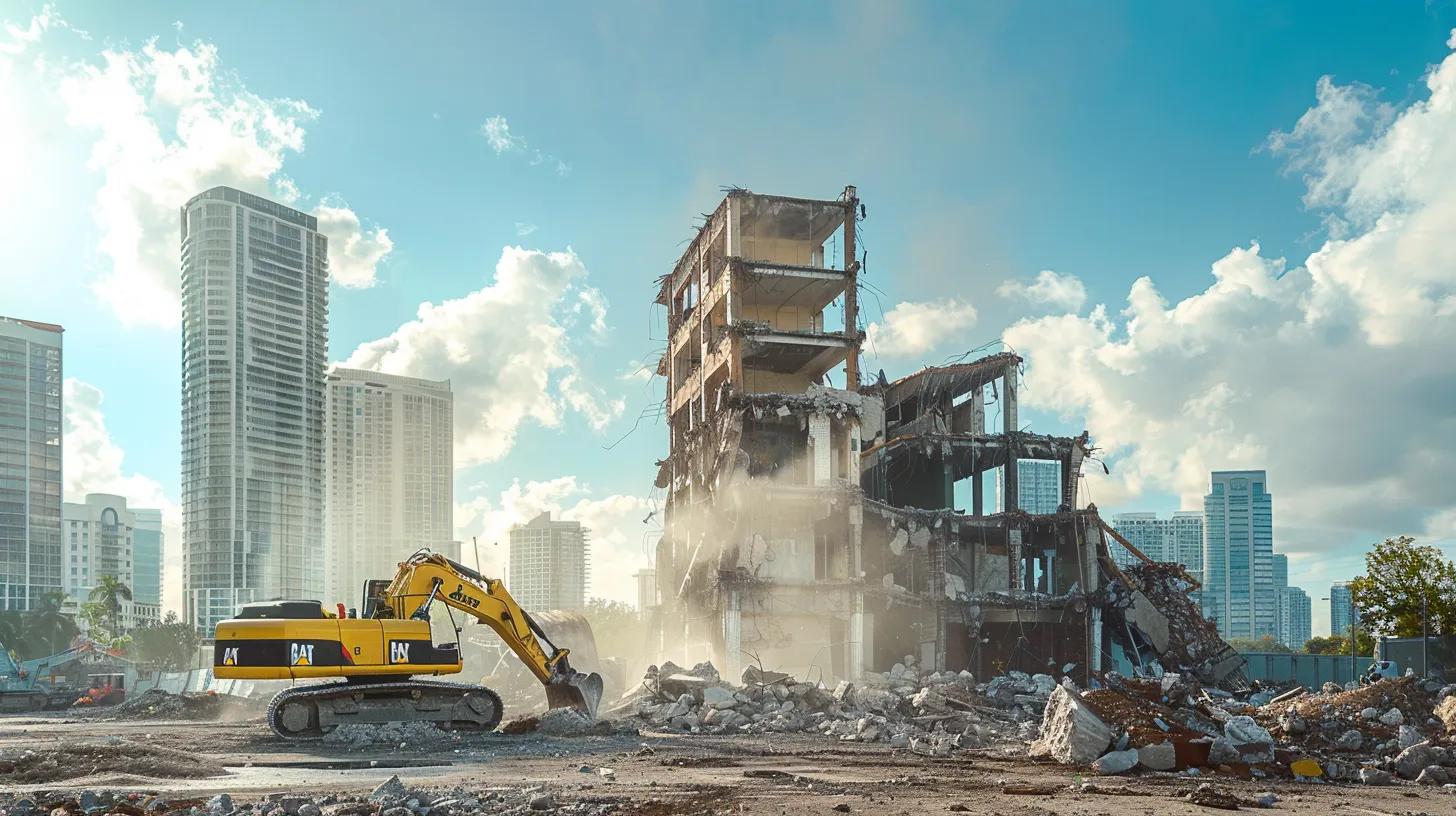 a powerful urban scene featuring a skilled demolition crew in hard hats orchestrating the careful dismantling of a mid-century building amidst the backdrop of cooper city's skyline, exuding professionalism and precision.