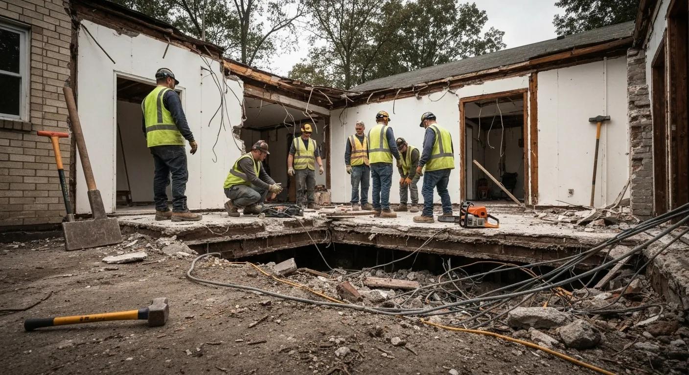 Demolition crew assessing safety hazards at a residential site
