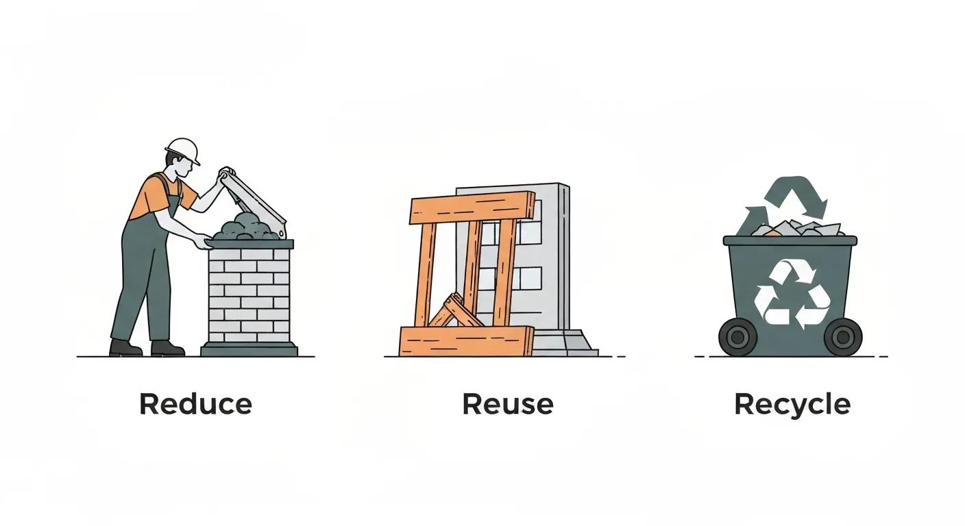 A clear visual showing the three main pillars of sustainable demolition: Reduce, Reuse, and Recycle.