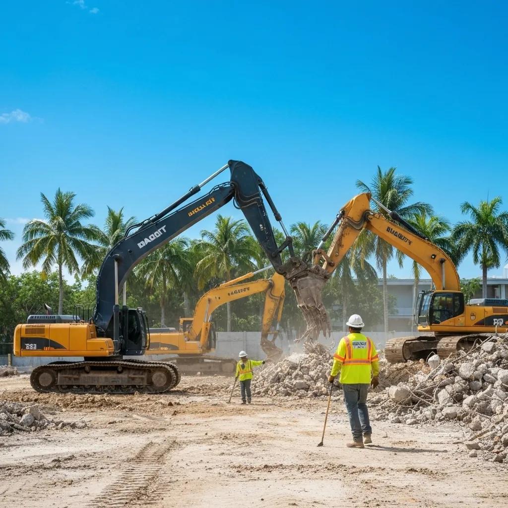 Miami demolition site with heavy machinery and workers removing debris