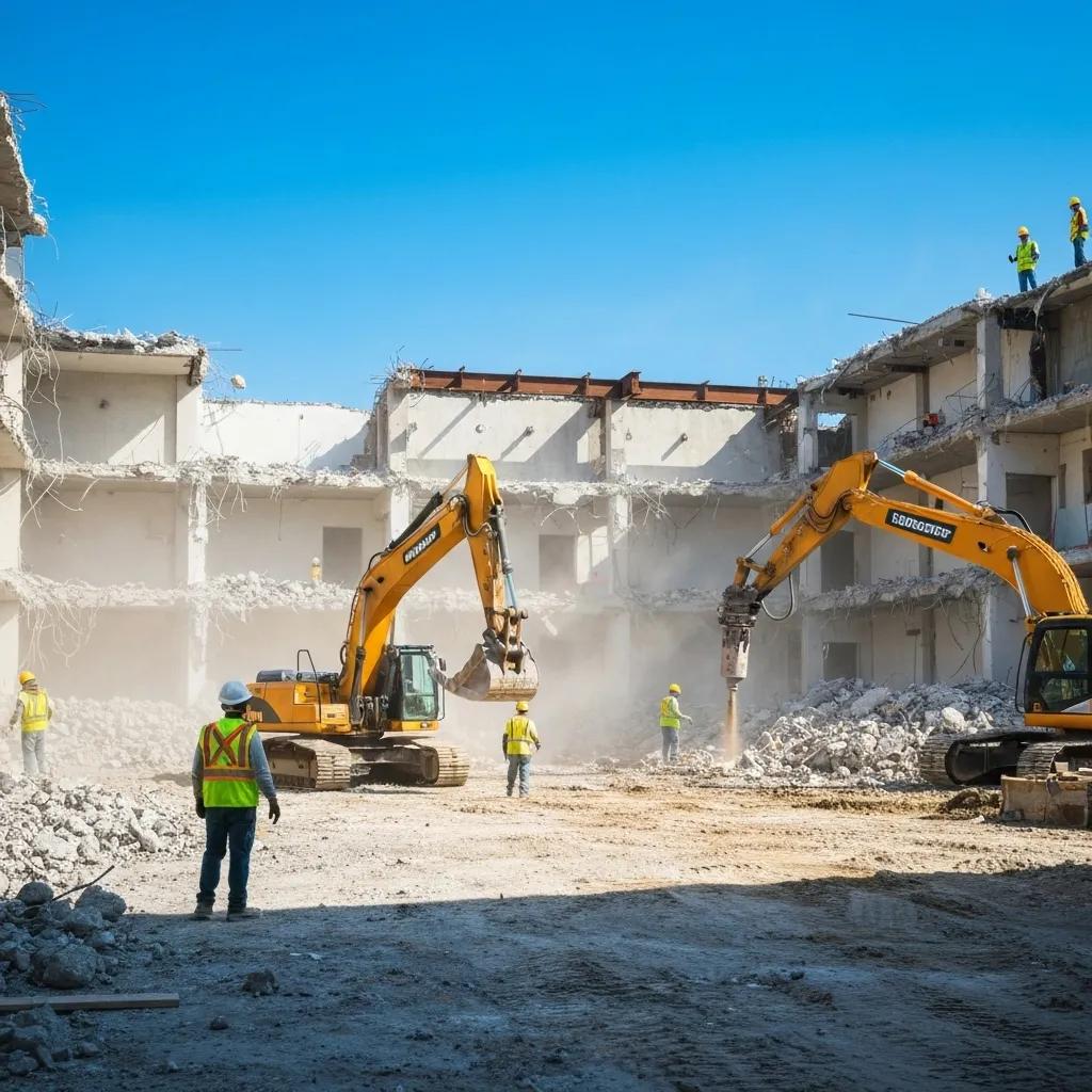 Fort Lauderdale construction site with demolition activities, featuring workers and heavy machinery